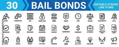 Фотография Set of 30 bail bonds line icons featuring legal symbols like judge gavel handcuffs and prison bars Minimal stroke liner icon set bundle collection
