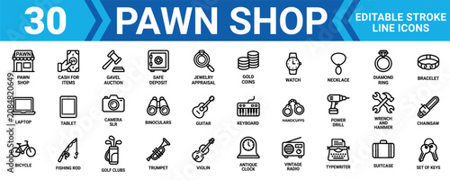 Bild auf Leinwand Set of 30 pawn shop line icons for business and finance featuring various valuable items and equipment Minimal stroke liner icon set bundle collection