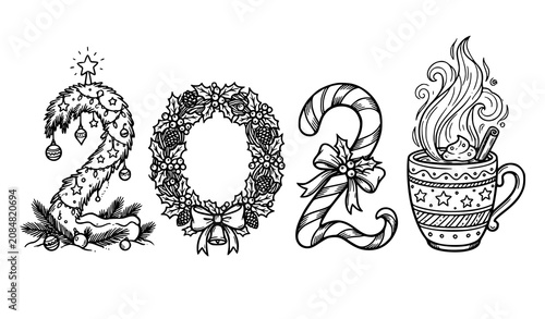 Decorative Number Two Floral Wreath Candy Cane and Hot Coffee Hand Drawn Vector Illustration Set