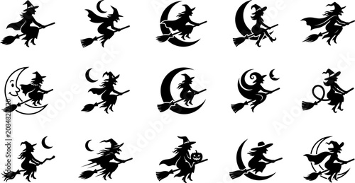 Photos Black silhouette illustrations of witches flying on broomsticks with moons for h