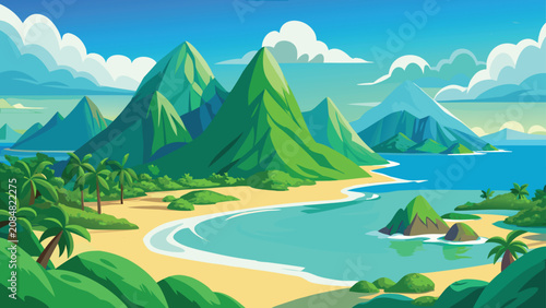 Bild auf Leinwand Tropical island paradise with mountains and ocean waves during sunny day vector