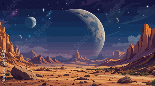 A stunning desert landscape with a large planet looming in the night sky filled with stars and moons.