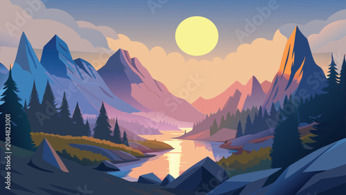 Mountain landscape with sun and clouds during sunset in a stylized vector illustration