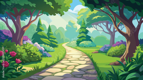 Foto Enchanted Forest Path with Stone Walkway and Blooming Flowers during Sunny Day V