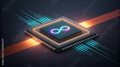 Futuristic processor with infinity symbol and glowing data streams