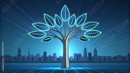 Futuristic tree with solar panel leaves in city skyline