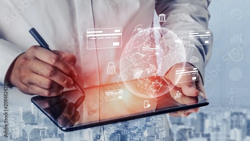 Obraz na płótnie Global digital payment network connecting users, banks, and financial services w