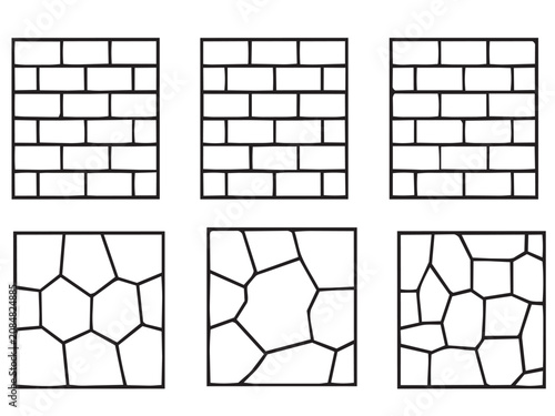 Architectural Hatch Patterns and Brick Wall Masonry Line Art Vector Icon Set, Hand Drawn CAD Texture Blocks for Construction, Interior Design, and Landscape Drafting