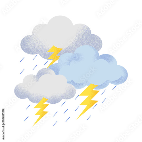 Weather, stormy clouds, rain, lightning bolts, vector icons