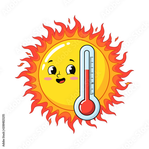 Cartoon sun, smiling face, thermometer, heat wave, summer weather icon