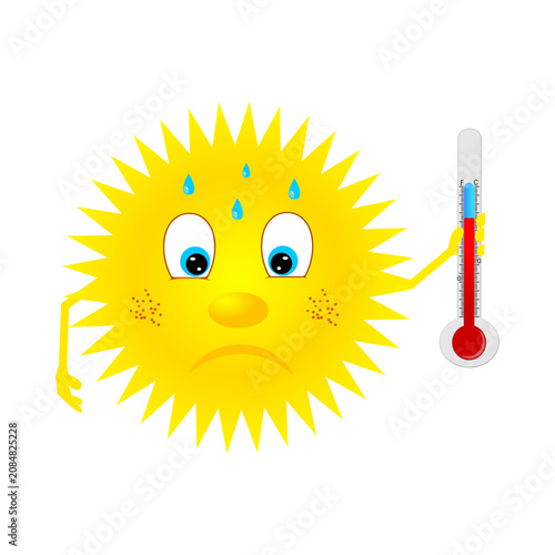 Sick sun, heatwave, thermometer, weather icon, sweating sun face