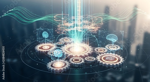 Digital gears rotating in a futuristic city landscape with glowing data streams and artificial intelligence neural network connections in a high te...