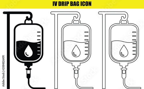 Foto IV drip bag icon set black white and red line isolated on transparent background medical care