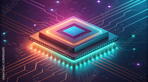 Glowing C P U chip on circuit board with neon lights