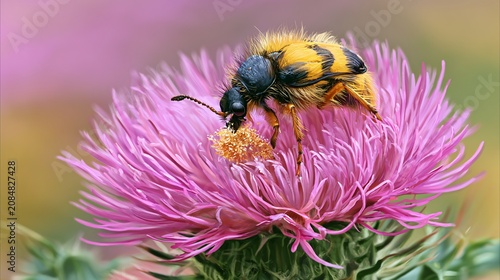 Bee Beetle Trichius fasciatus Eating Pollen in Pink Thistle