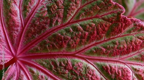 Begonia Rex Leaf Texture with Red and Green Veins Macro Background