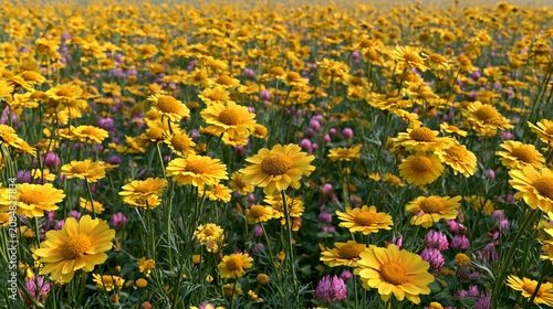 Vibrant Golden Marguerite Field - Anthemis Tinctoria with Red Flowers