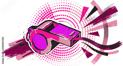 Foto Dynamic sports whistle vector illustration, pink referee whistle with halftone s
