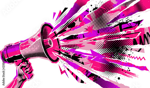 Fotografi Punk rock megaphone illustration with grunge halftone textures, hand holding bul