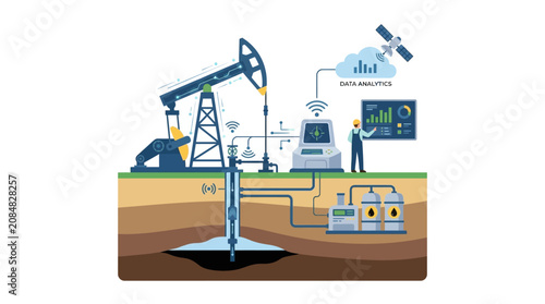 Cuadro en lienzo Smart Oil Pumpjack with IoT Data Analytics and Satellite Monitoring