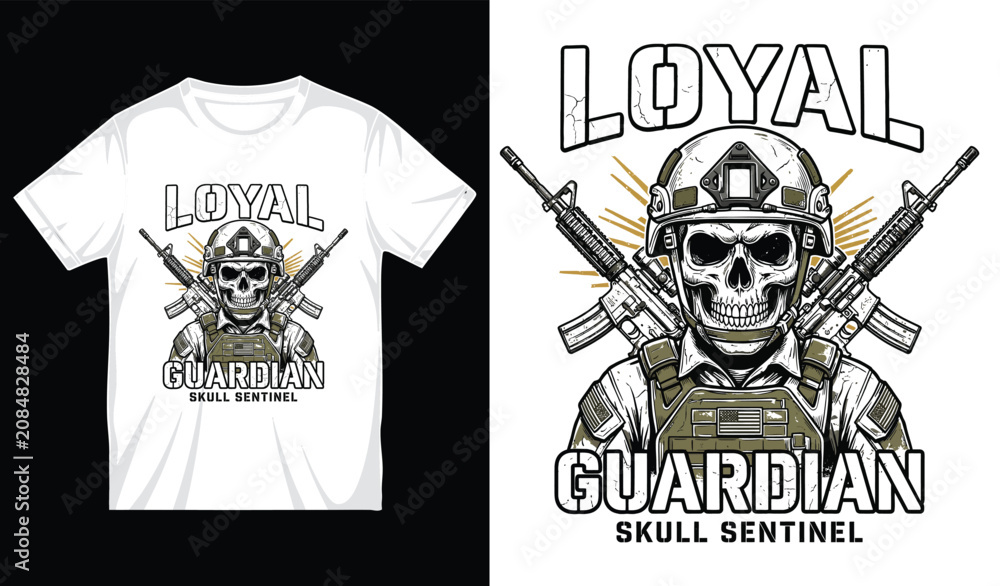 Fototapeta premium Loyal guardian skull sentinel wearing tactical helmet and vest with crossed assault rifles military emblem emblem.