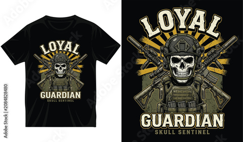 Loyal guardian skull sentinel vector graphic with tactical gear and crossed rifles on dark background for military style apparel printing and tactical equipment gear.