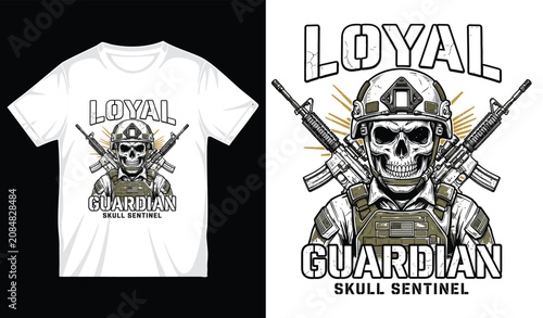 Loyal guardian skull sentinel wearing tactical helmet and vest with crossed assault rifles military emblem emblem.