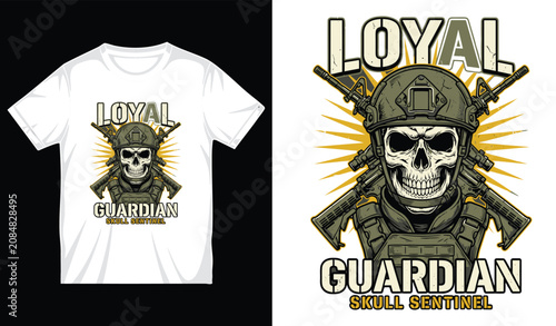 Loyal guardian skull sentinel wearing tactical helmet and vest with crossed assault rifles military emblem emblem.