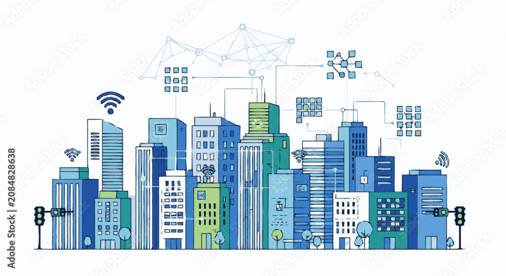 Fototapeta premium Smart city skyline with digital network connection icons