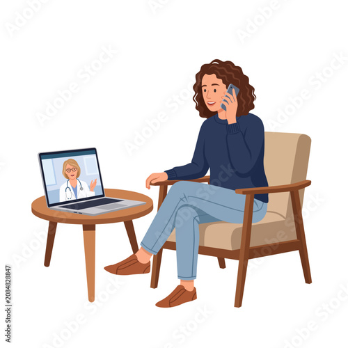 Φωτογραφία Smiling adult woman with curly brown hair sitting in armchair talking on smartph
