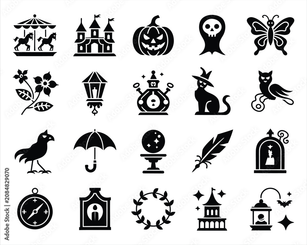 Fototapeta premium Collection Of Halloween Icons Including Carousel Castle Pumpkin Skull Butterfly And Floral Ornament horse turret jack o lantern cranium insect flower foliage lantern streetlamp potion
