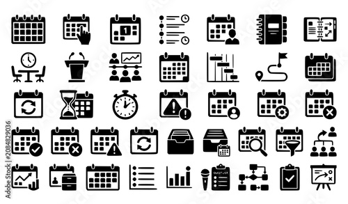 Business Calendar Organization and Agenda Solid Glyph Icons Set Vector Illustration
