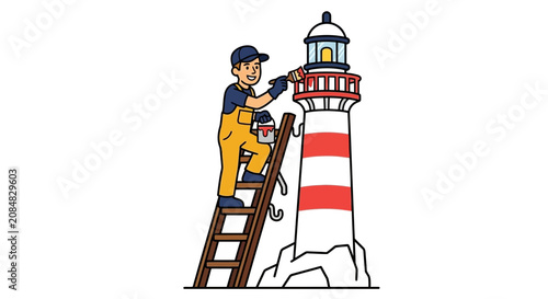 Maintenance worker painting stripes on tower for lighthouse day vector