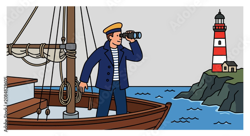 Sailor on boat deck during lighthouse day vector maritime journey
