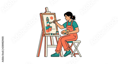 Woman painting a scenic coastal tower for lighthouse day vector
