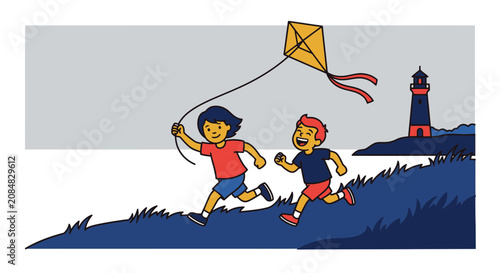 Happy children flying kite near sea for lighthouse day vector