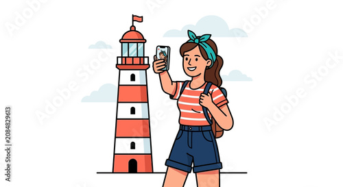 Girl taking phone selfie near nautical landmark lighthouse day vector