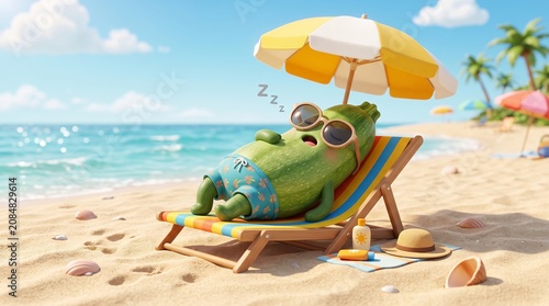 Anthropomorphic zucchini wearing sunglasses and shorts sleeping on a beach chair