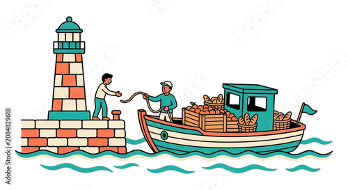 Lighthouse day vector scene with boat delivering supplies at a pier