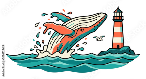 Majestic whale breaching near a beacon for lighthouse day vector