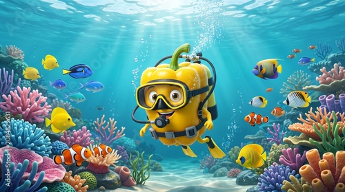 Yellow bell pepper character wearing scuba diving gear underwater among fish