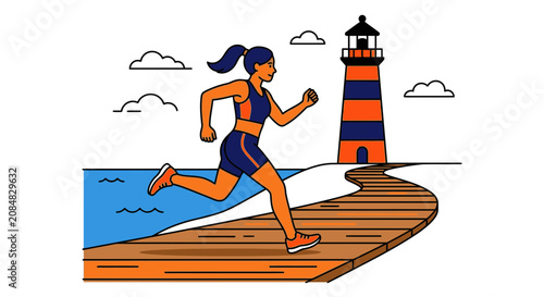 Woman running on coastal boardwalk for lighthouse day vector