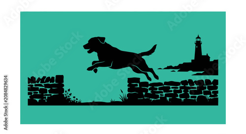Dog jumping over stone wall on the coast for lighthouse day vector