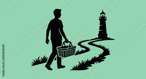 Man walking with picnic basket on path for lighthouse day vector