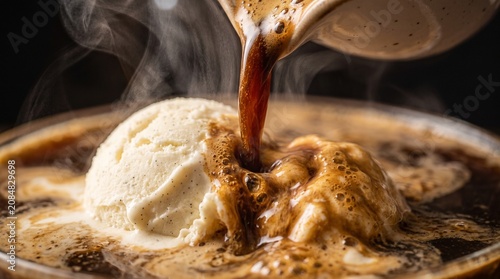 Hot espresso pouring over creamy vanilla gelato creating a delicious dessert