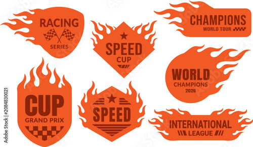 Solid flat racing car flame stickers emblem decal bundle for motorsport vehicle classic hot rod vector illustration