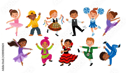 Happy Kids Dancing Cartoon Character Collection Flat Vector Illustration on White