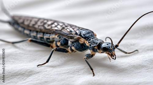 Detailed Closeup of Dark Coloured Stonefly Plecoptera on White Background