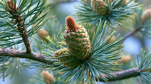 Closeup Pine Branch Young Cone Soft Texture
