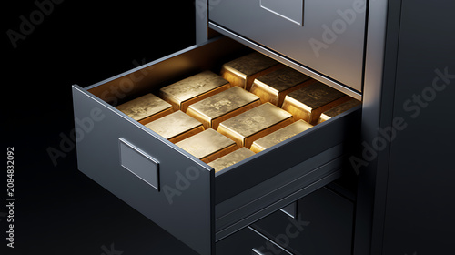 Glistening Gold Bars Neatly Stored in an Open Filing Cabinet Drawer  Emphasizing Financial Security  Wealth  and Precious Metal Investment